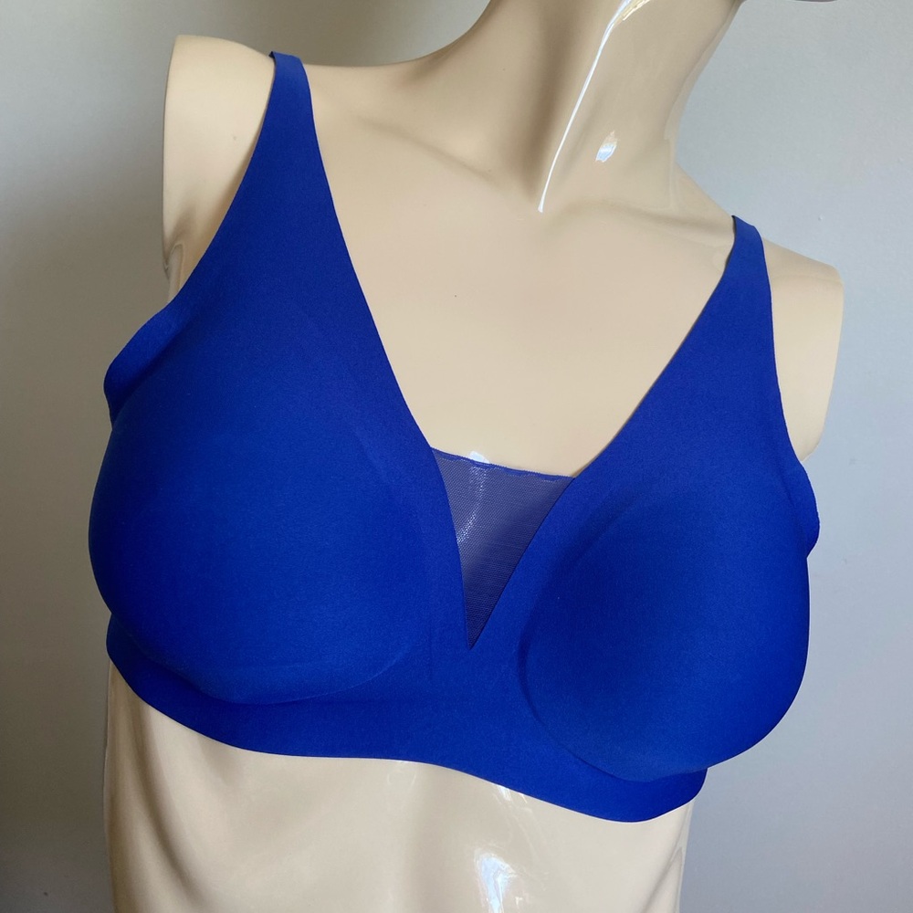 Knix M+ wireless bra in blue with plunging neckline and mesh detail
